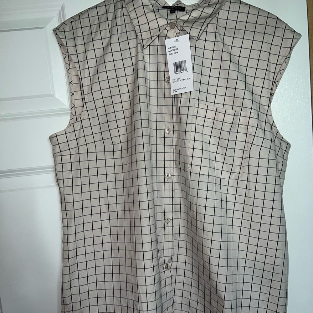 NWT Lafayette 148 New York Ivory Black Windowpane Buttondown Tank Top Shirt 14